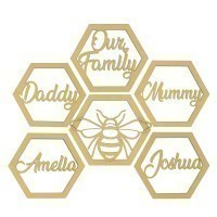 Laser Cut Personalised Bee Hexagon With Our Family Hexagon and Name Wall Art